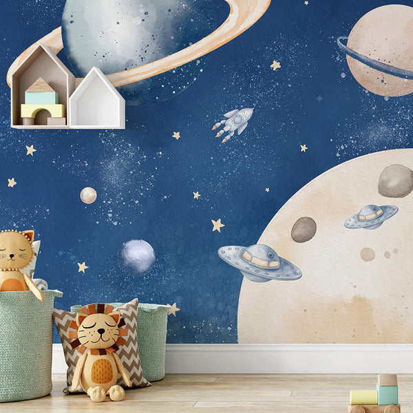 Blue Beige Planets in Space Wall Mural SM092 - CostaCover-Peel and stick Removable Wallpaper-abstract wall art-abstract wallpaper-accent wallpaper