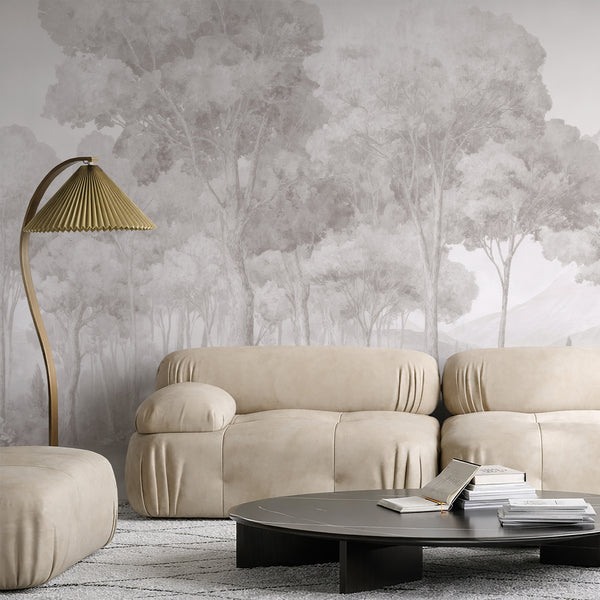 Expansive neutral forest mural with atmospheric depth, creating a relaxed living room ambiance. This high-quality, self-adhesive wallpaper is perfect for renters and designers.