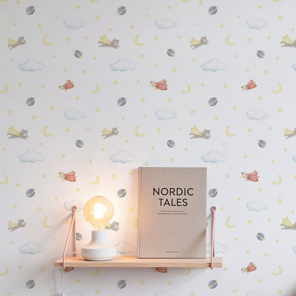 Watercolor cat nursery wallpaper featuring a sleepy superhero kitten with a flowing yellow cape and tiny star for a charming playroom accent wall.