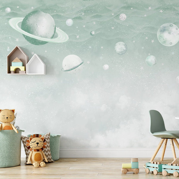 Light Green Planets in Space Wall Mural SM089 - CostaCover - Peel and stick Removable Wallpaper - accent wallpaper - adhesive wallpaper - baby bedroom