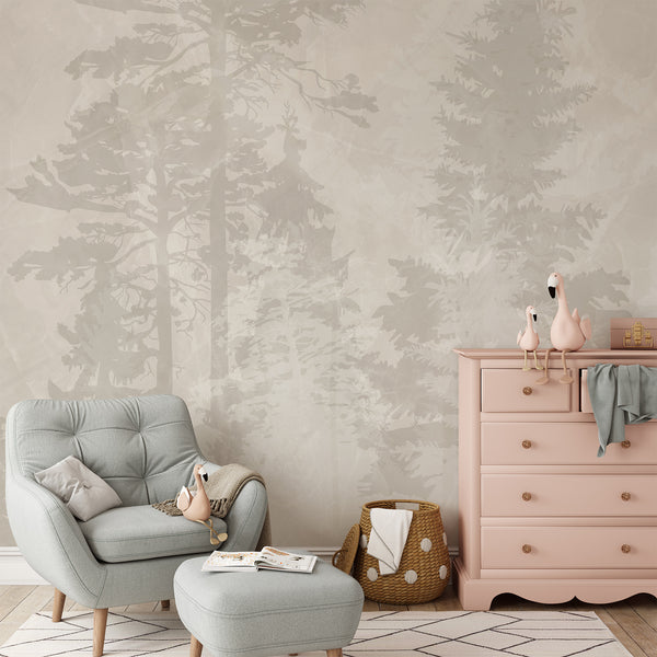 Layered forest design featuring semi-transparent tree trunks and foliage in beige and taupe on a mottled background. The vertical pattern enhances height and tranquility, making it suitable for a serene home office or hallway. Made in the USA, this high-quality wall mural is easy to apply and ideal for renters seeking temporary yet stylish decor solutions.