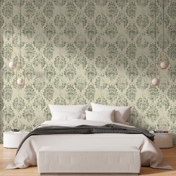 High-quality, removable damask wallpaper with botanical scrolls, suitable for traditional home decor.