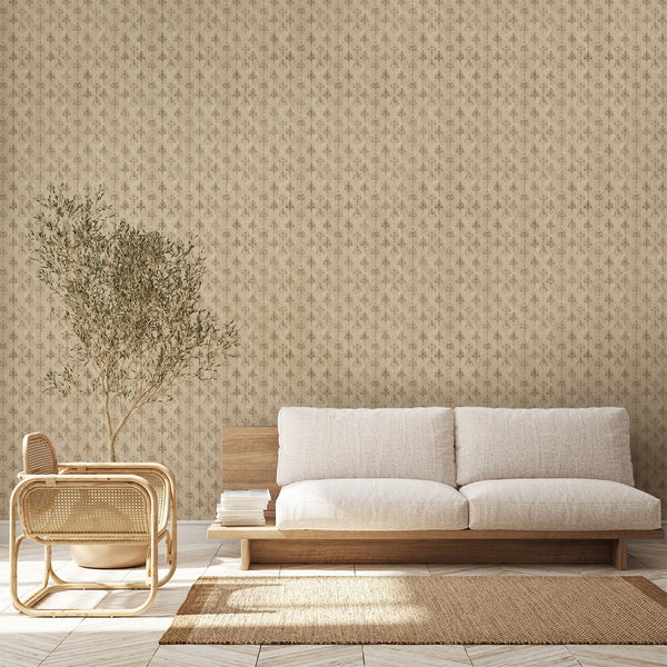 Vintage beige wallpaper featuring ornate gold damask motifs with a weathered distressed effect for French country bedroom and living room decor.