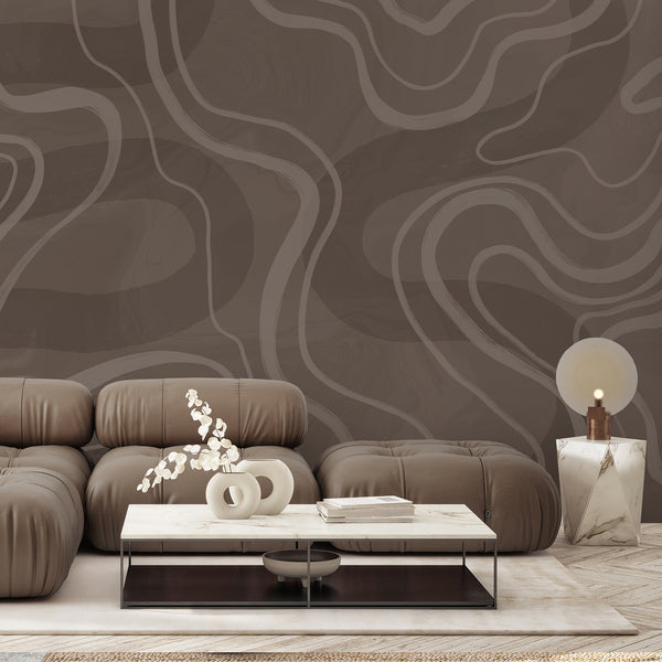 Minimalist brown wallpaper with sweeping curved lines and layered neutral shades, designed for contemporary bedroom and living room interiors.