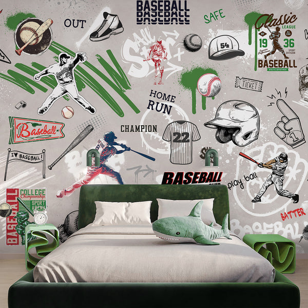 Dynamic baseball graffiti mural with layered imagery of players, tickets, and spray-paint textures, perfect for a playroom or sports-themed bedroom. The removable wall mural features a warm concrete background with black sketch lines, green drips, and red accents, adding urban energy to any space.