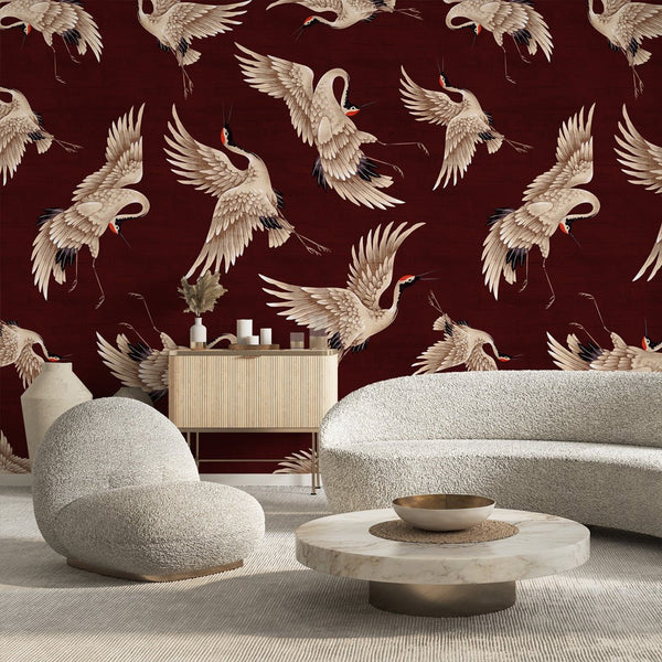 Flying Burgundy Japanese Cranes Wall Mural WM120 - CostaCover - Peel and stick Removable Wallpaper - accent wallpaper - adhesive wallpaper - animal texture
