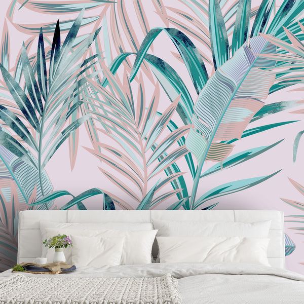 Vibrant Tropical Pink Wall Mural showing layered palm leaves in deep seafoam and teal against a soft blush pink backdrop. Ideal for bedrooms or feature walls, this self-adhesive wallpaper offers a dynamic, eco-friendly upgrade with easy repositioning, suiting renters and designers who desire a bold, tropical ambiance.