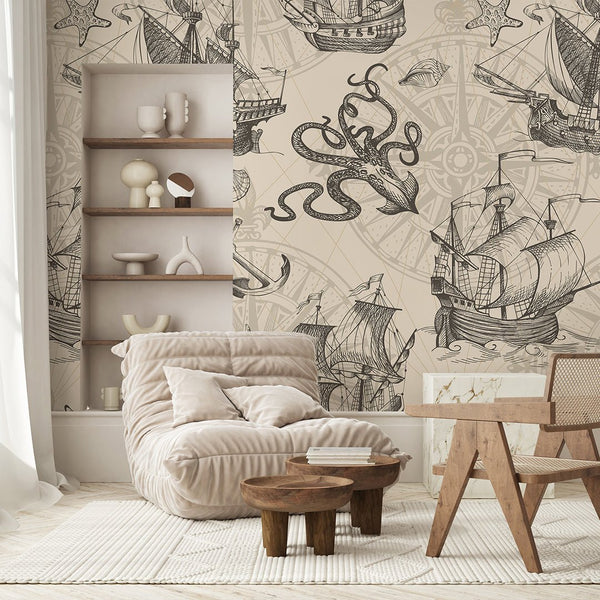 Vintage Nautical Sketch Wall Mural AM168 - CostaCover-Peel and stick Removable Wallpaper-accent wallpaper-adhesive wallpaper-bathroom wallpaper