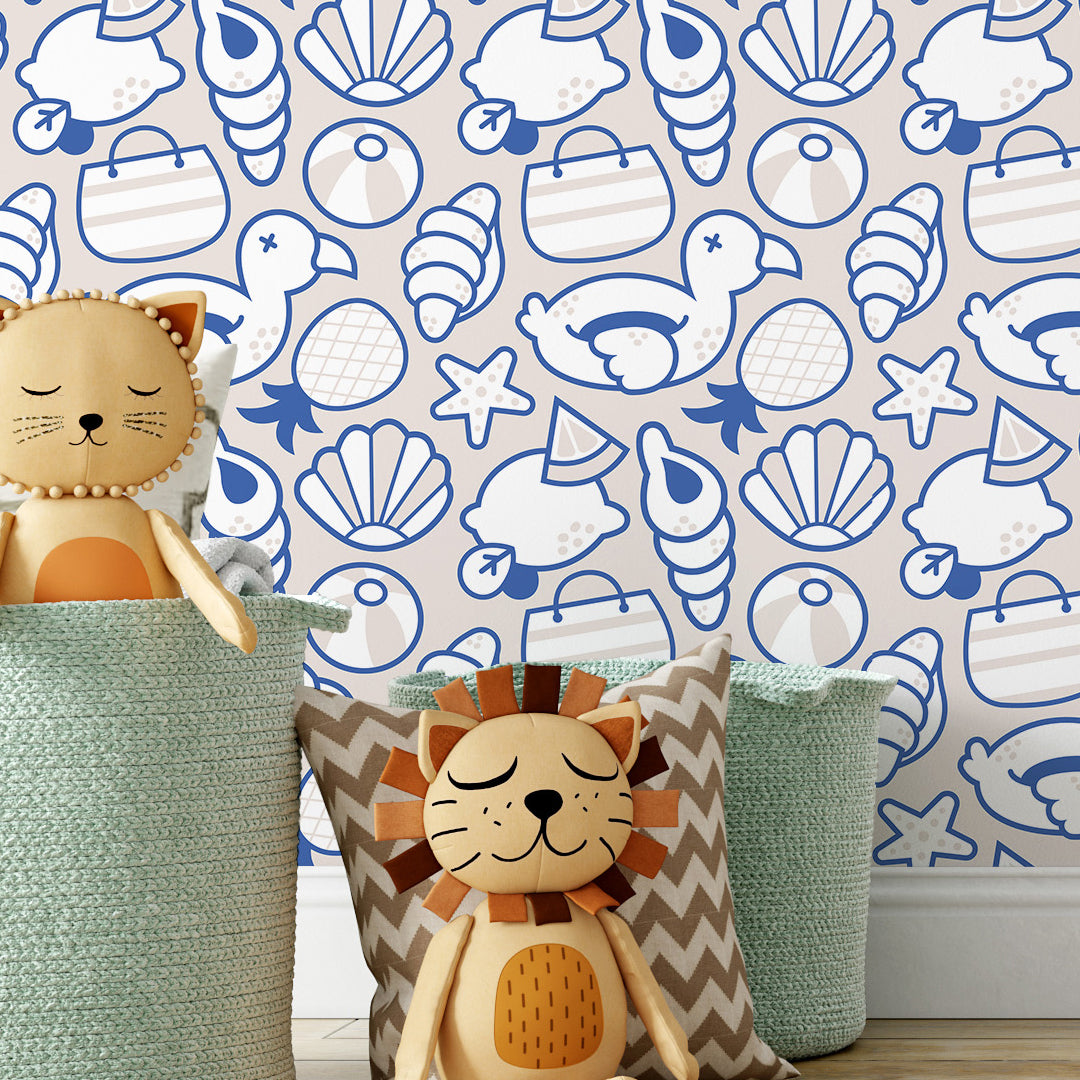Blue Beige Beach Pattern Wallpaper S105