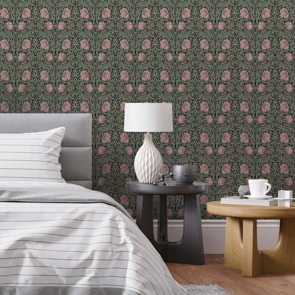 Dark, intricate floral design with pink and yellow motifs, ideal for enhancing Victorian-themed spaces.
