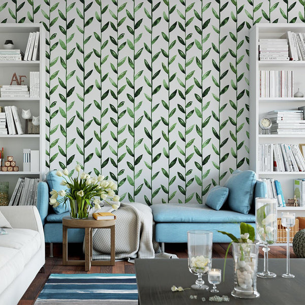 Green Leaves Wallpaper CC003 - CostaCover - Peel and stick Removable Wallpaper - Backsplash panels - bathroom wallpaper - bedroom interior