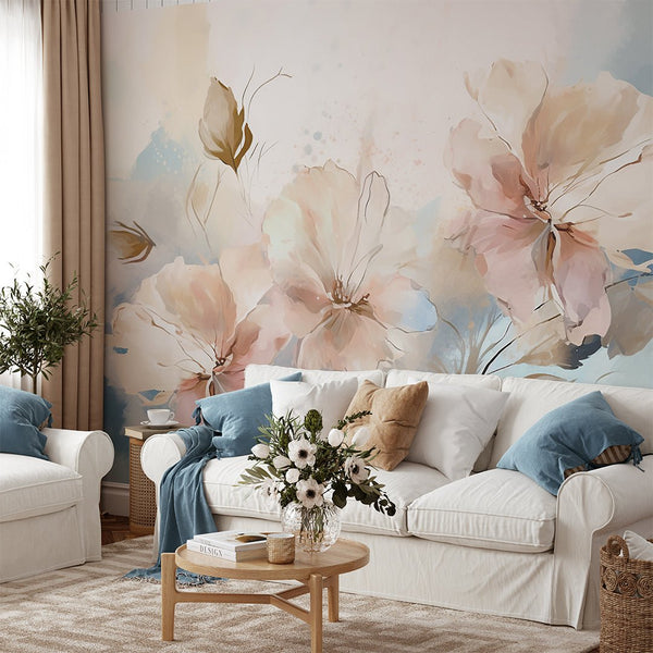 Beige & Blue Painting Flowers Wall Mural CCM154 - CostaCover - Peel and stick Removable Wallpaper - accent wallpaper - adhesive wallpaper - bathroom wallpaper