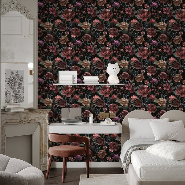 Dark Vintage Flowers Wallpaper S063 - CostaCover - Peel and stick Removable Wallpaper - accent wallpaper - adhesive wallpaper - bathroom wallpaper