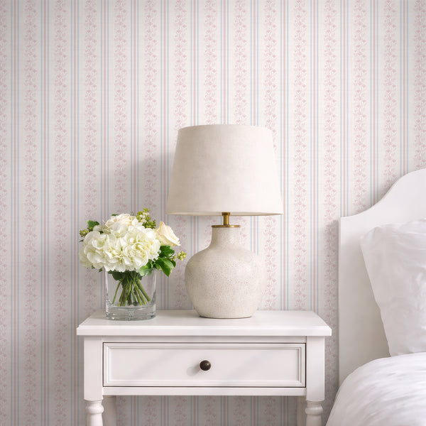 Pink Blue Floral Stripe Wallpaper L132