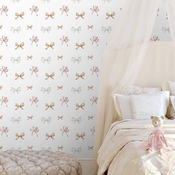 Beige Gray Ribbon Bow Wallpaper S111 - CostaCover - Peel and stick Removable Wallpaper - Abstract - abstract mural - abstract paint