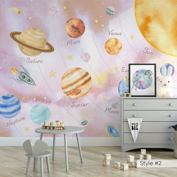 Blue Pink Solar System Wall Mural WM080 - CostaCover - Peel and stick Removable Wallpaper - abstract wallpaper - accent wallpaper - adhesive wallpaper