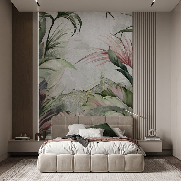 Green Pink Palm Leaves Wall Mural SM013 - CostaCover - Peel and stick Removable Wallpaper - abstract wallpaper - accent wallpaper - adhesive wallpaper