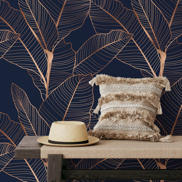 Dark Blue Banana Leaves Wallpaper CC318 - CostaCover - Peel and stick Removable Wallpaper - abstract floral - aqua blue - Aqua blue wallpaper