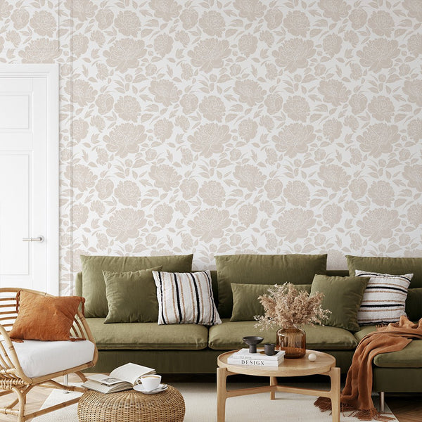 Nude Beige Peony Flowers Wallpaper CC301 - CostaCover - Peel and stick Removable Wallpaper - abstract floral - abstract wall art - abstract wallpaper