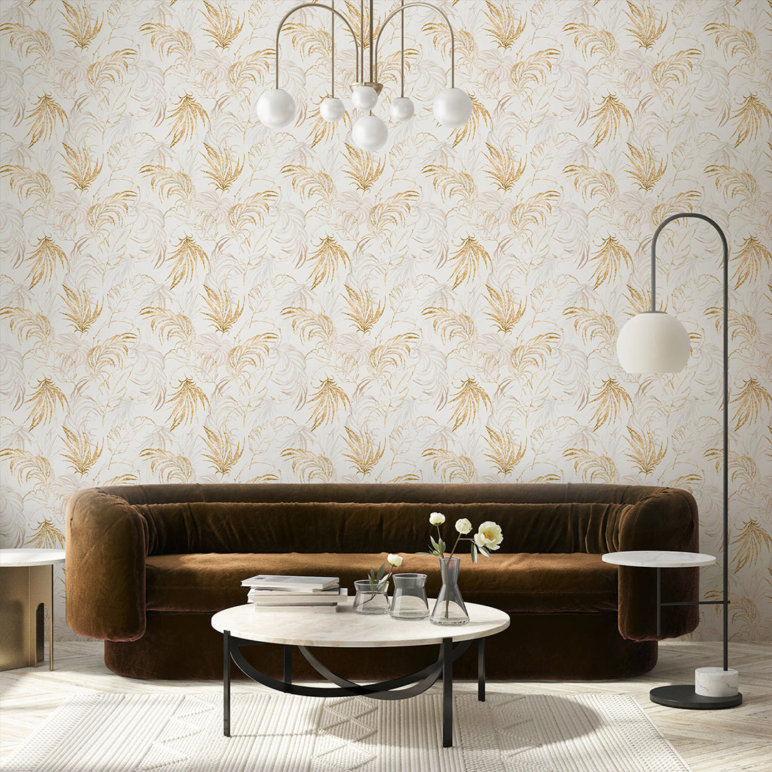 Beige & Gold Palm Leaves Wallpaper W135