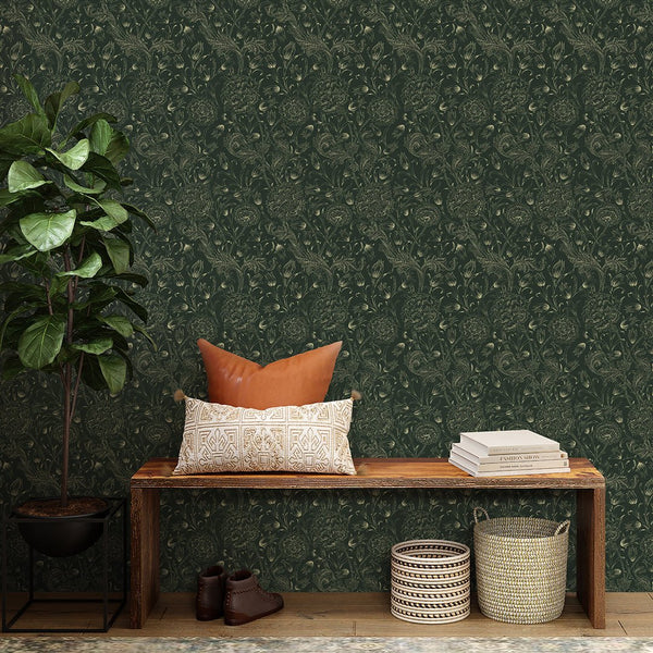 Dark Green Wild Tulip by Morris Wallpaper W113 - CostaCover - Peel and stick Removable Wallpaper - abstract floral - accent wallpaper - adhesive wallpaper