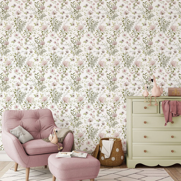 Pink Green Field Plants Wallpaper W064 - CostaCover - Peel and stick Removable Wallpaper - accent wallpaper - adhesive wallpaper - adhesive wallpaper design