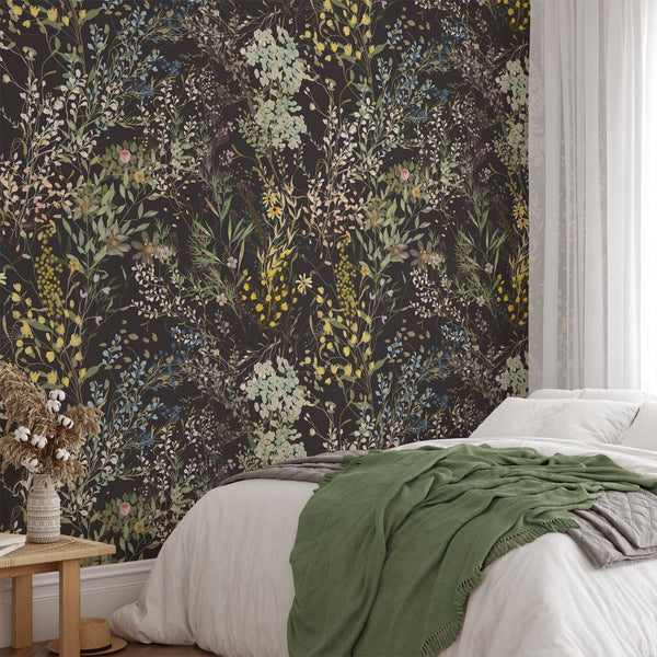 Dark Wildflowers Wallpaper W053 - CostaCover - Peel and stick Removable Wallpaper - adhesive wallpaper - bathroom wallpaper - bedroom interior