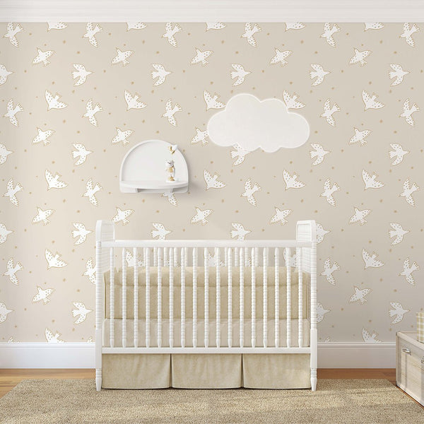 Beige White Birds & Stars Wallpaper S051 - CostaCover - Peel and stick Removable Wallpaper - abstract wallpaper - accent wallpaper - adhesive wallpaper