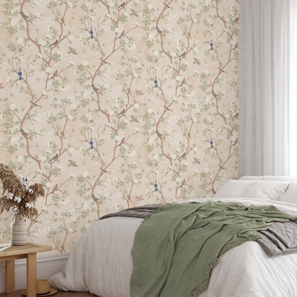 Beige Blossom Trees & Birds Wallpaper W054 - CostaCover - Peel and stick Removable Wallpaper - abstract wallpaper - accent wallpaper - adhesive wallpaper