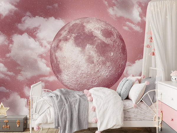 Pink Moon & Clouds Wall Mural WM078 - CostaCover - Peel and stick Removable Wallpaper - abstract wall art - abstract wallpaper - accent wallpaper