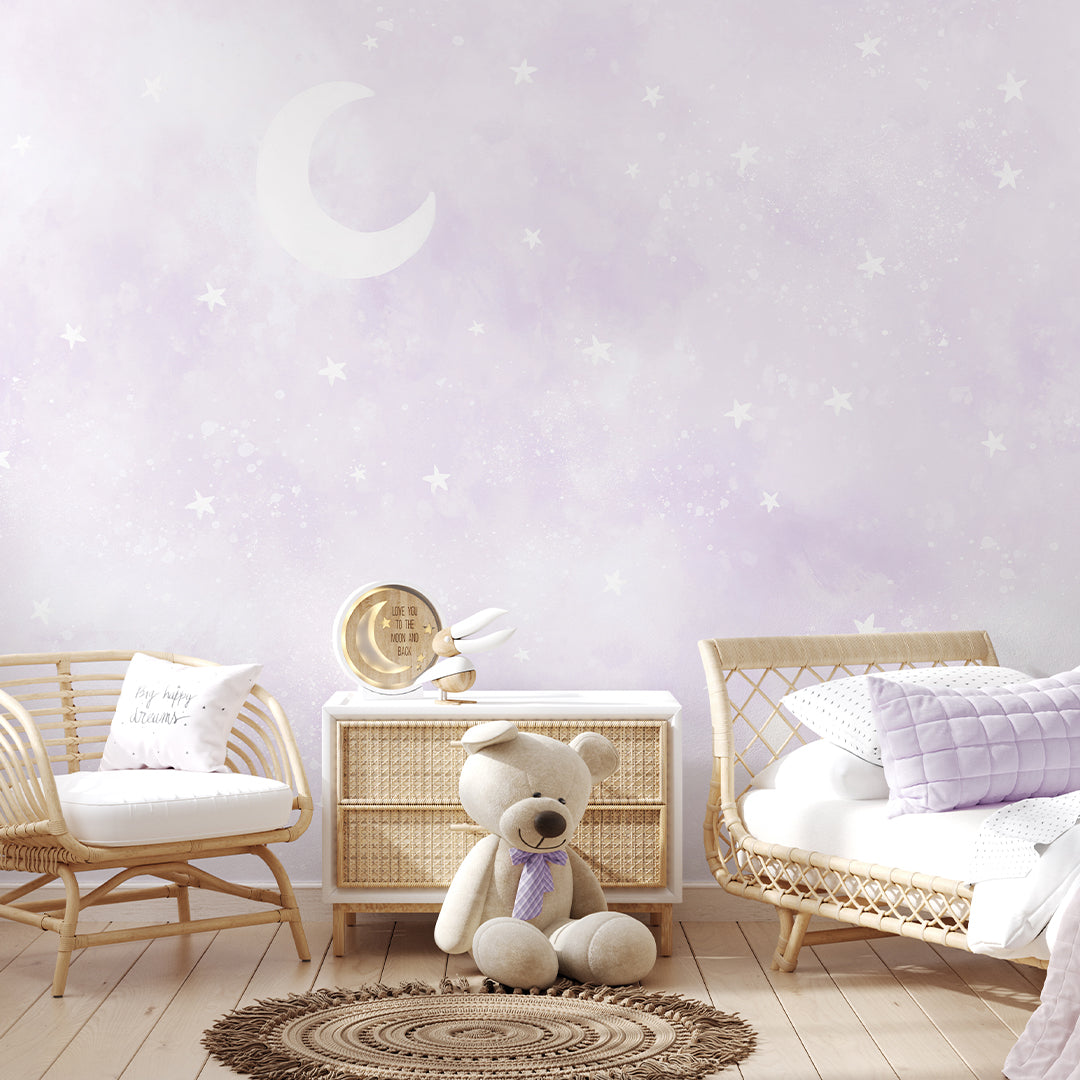 Pastel Purple Moon & Stars Wall Mural SM076