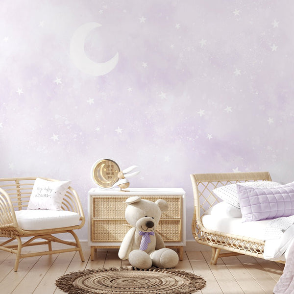 Pastel Purple Moon & Stars Wall Mural SM076 - CostaCover - Peel and stick Removable Wallpaper - Abstract - abstract wall art - abstract wallpaper