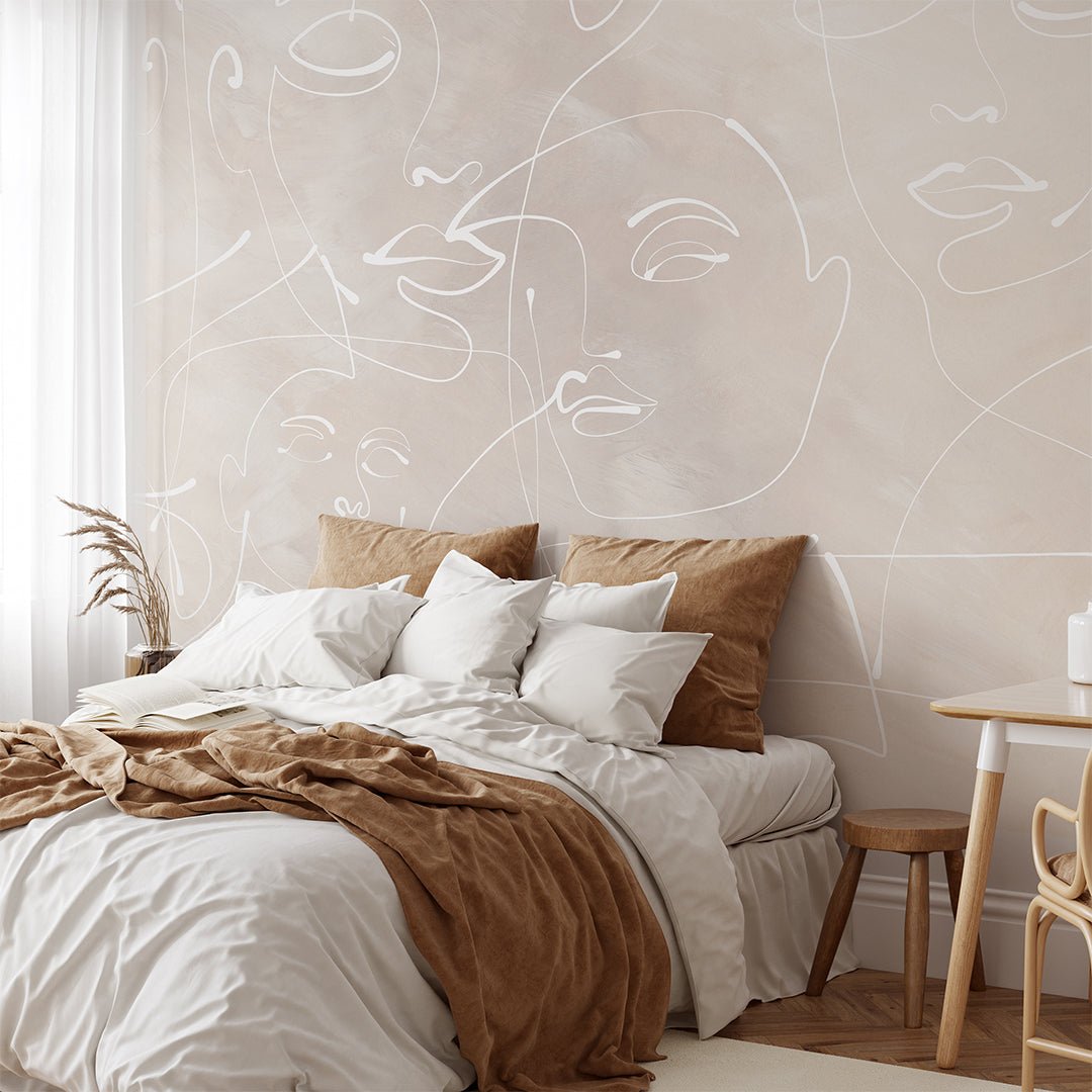 Beige Line Art Face Wall Mural with abstract portrait illustration