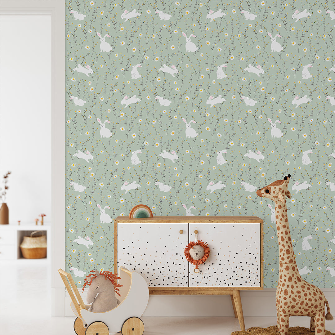 Sage Green Floral Bunny Wallpaper W176