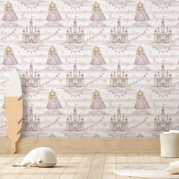 Princess Castle & Stripe Wallpaper A041 - CostaCover-Peel and stick Removable Wallpaper-accent wallpaper-adhesive wallpaper-baby bedroom