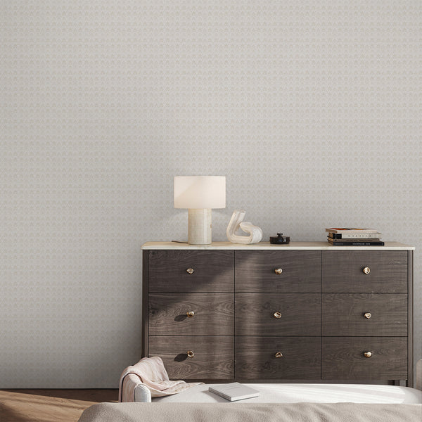 Beige and warm white floral wallpaper with oversized botanical shapes and subtle distressed details for French country and cottagecore interiors.