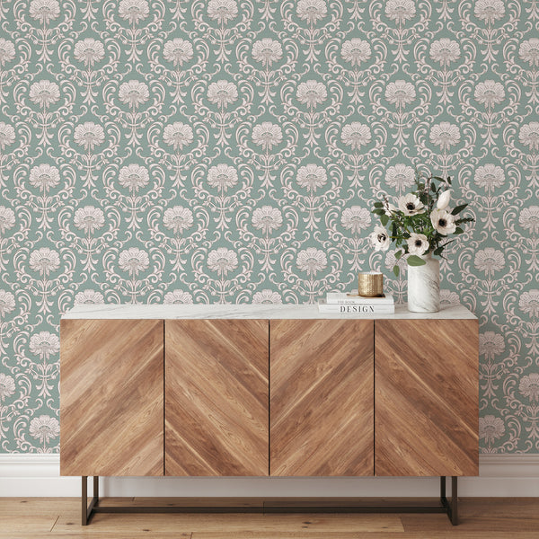 Ornate floral damask wallpaper with vertical alignment, creating a sophisticated ambiance in seafoam teal and blush tones for living rooms.
