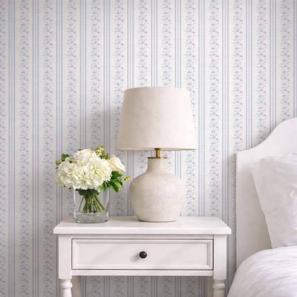 Blue Floral Stripe Wallpaper L129