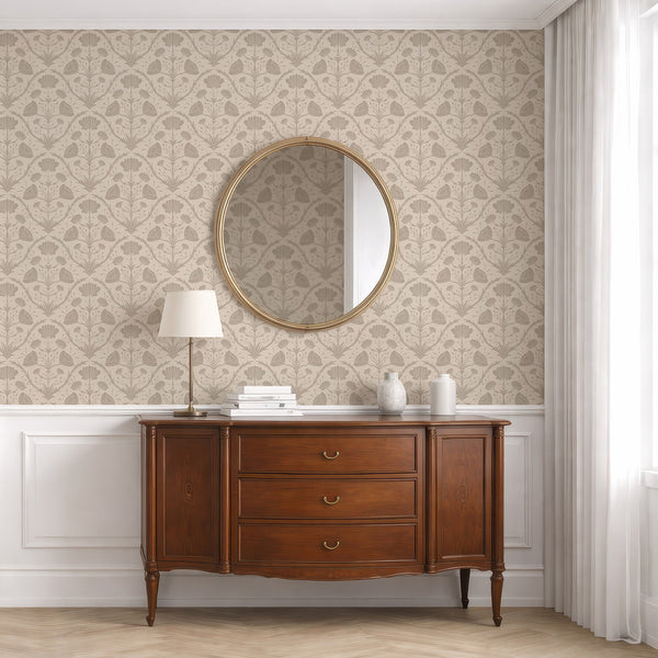 Taupe vintage floral wallpaper with soft contrast and clean etching style, suitable for quiet living areas or bedrooms. The removable nature makes it a great choice for renters and decorators seeking a temporary decor solution with heritage appeal.