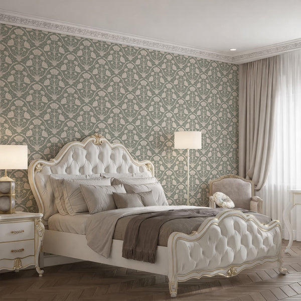 High-quality, removable floral wallpaper in sage green, perfect for creating a traditional feature wall.