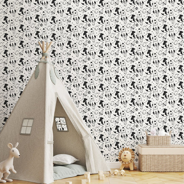 Black Spaceship & Planet Wallpaper S131 - CostaCover-Peel and stick Removable Wallpaper-accent wallpaper-adhesive wallpaper-bathroom wallpaper
