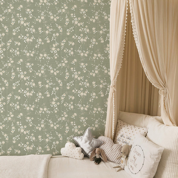 The Sage Green Floral Wallpaper's delicate blossoms and subtle linen texture bring a soft, cozy vibe to interiors. The muted color palette is perfect for bedrooms or living rooms seeking a tranquil, cottage-inspired design.