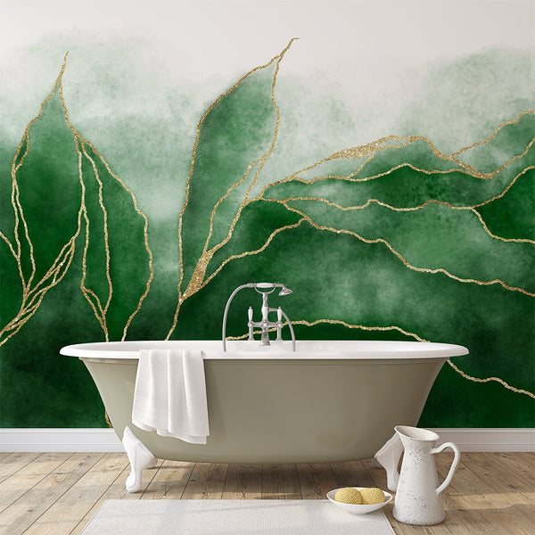 Green Gold Leaves Wall Mural CCM014 - CostaCover - Peel and stick Removable Wallpaper - Abstract - abstract lines - abstract wall art