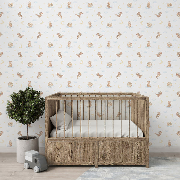 Whimsical dragon wallpaper featuring a sweet watercolor baby dragon resting on a blue cloud with yellow stars for nursery or kids room decor.