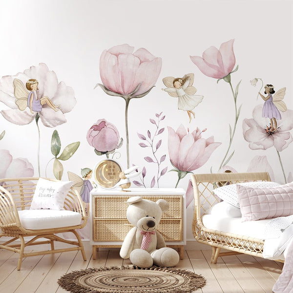 Pink Flower Fairy Wall Mural SM049 - CostaCover - Peel and stick Removable Wallpaper - accent wallpaper - adhesive wallpaper - baby bedroom