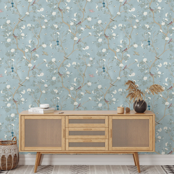 Blue Blossom Trees & Birds Wallpaper W058 - CostaCover - Peel and stick Removable Wallpaper - accent wallpaper - adhesive wallpaper - adhesive wallpaper design