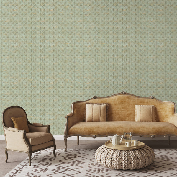 Vintage sage green wallpaper featuring faded damask ornaments and a weathered antique texture for farmhouse, French country and old world interiors.