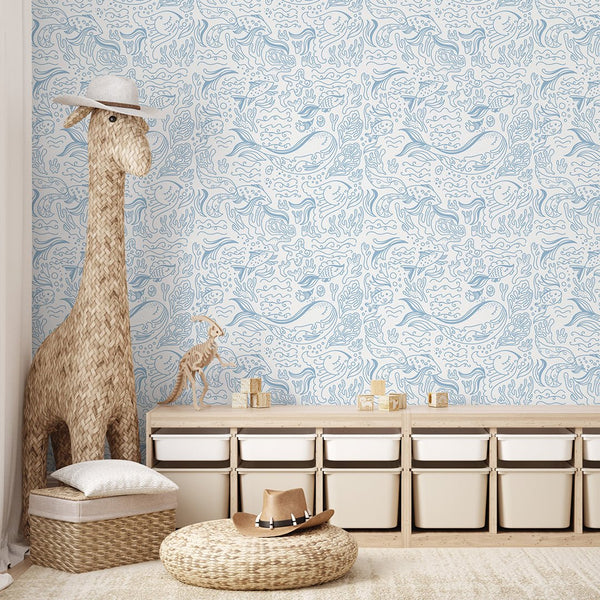 Blue Line Art Whale Wallpaper S099 - CostaCover - Peel and stick Removable Wallpaper - Abstract - abstract lines - abstract mural