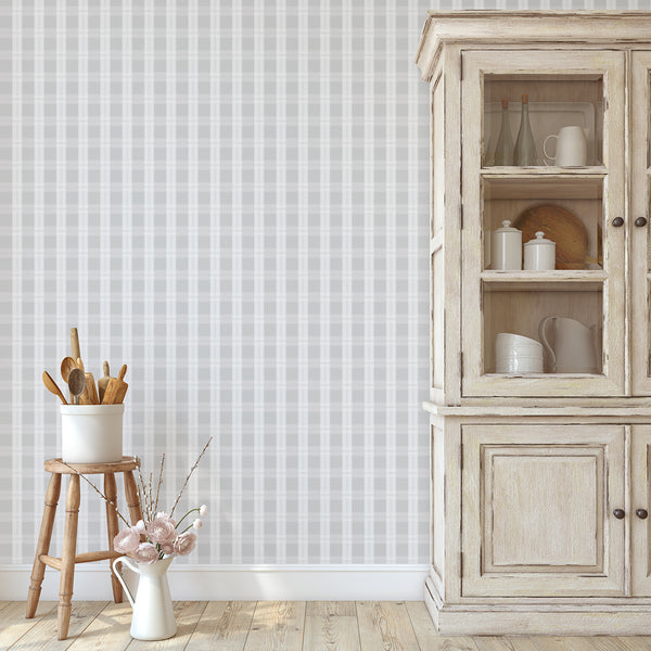 Neutral gray checkered wallpaper featuring wide pale blocks and delicate linear details for minimalist bedrooms, farmhouse living rooms, or entryways.