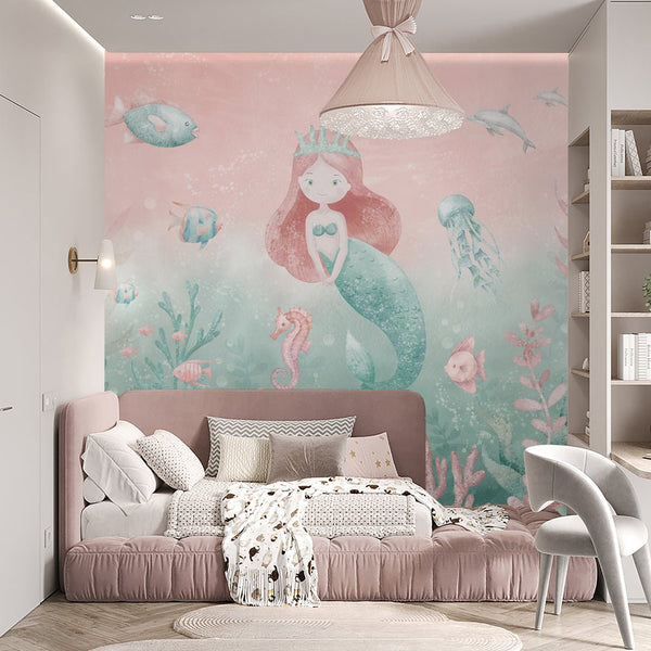 Pink Green Mermaid Wall Mural SM064 - CostaCover - Peel and stick Removable Wallpaper - accent wallpaper - adhesive wallpaper - ariel mermaid